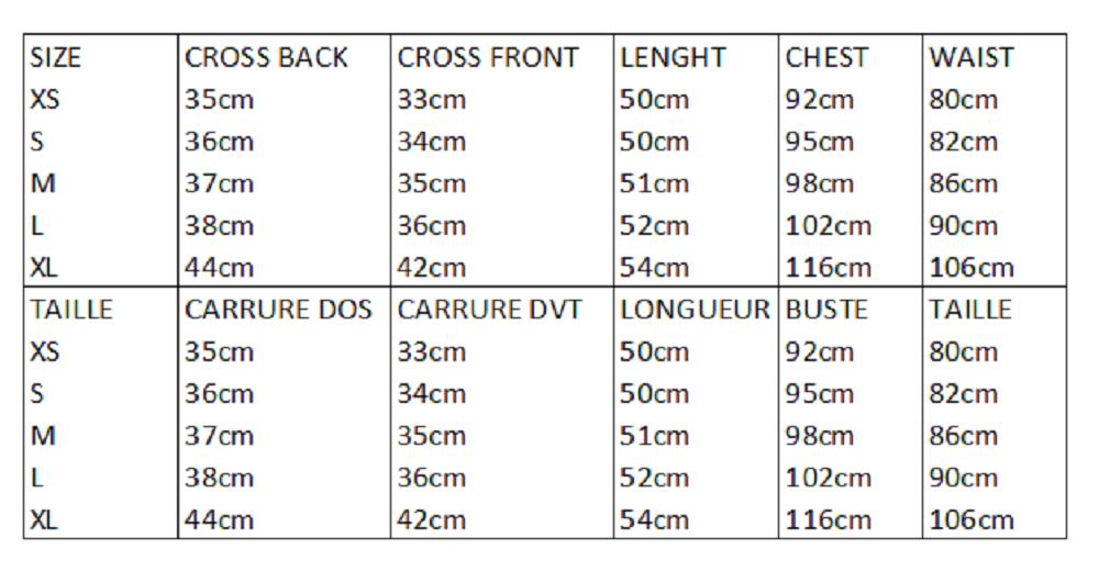Garment size and measurement chart