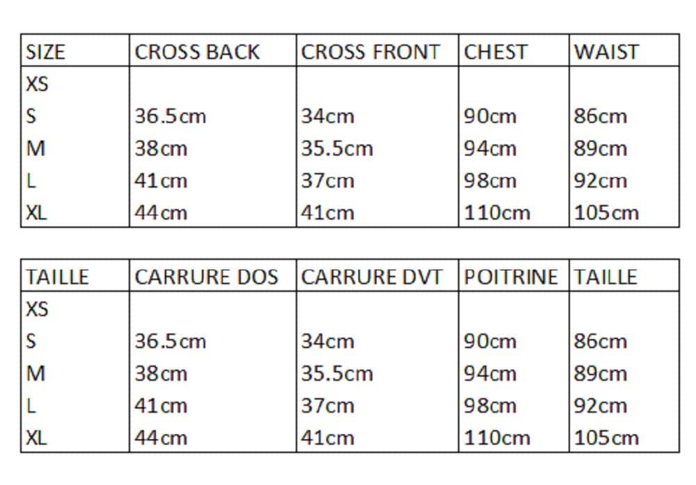 Garment size and measurement chart