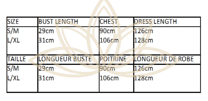 Garment size and measurement chart