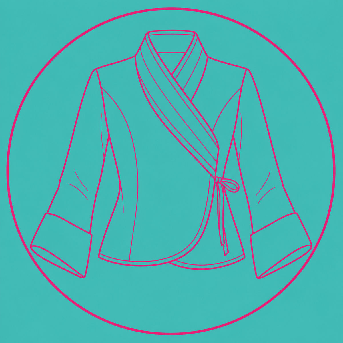 Veste croisée à col kimono et larges poignets – croquis rose sur fond turquoise