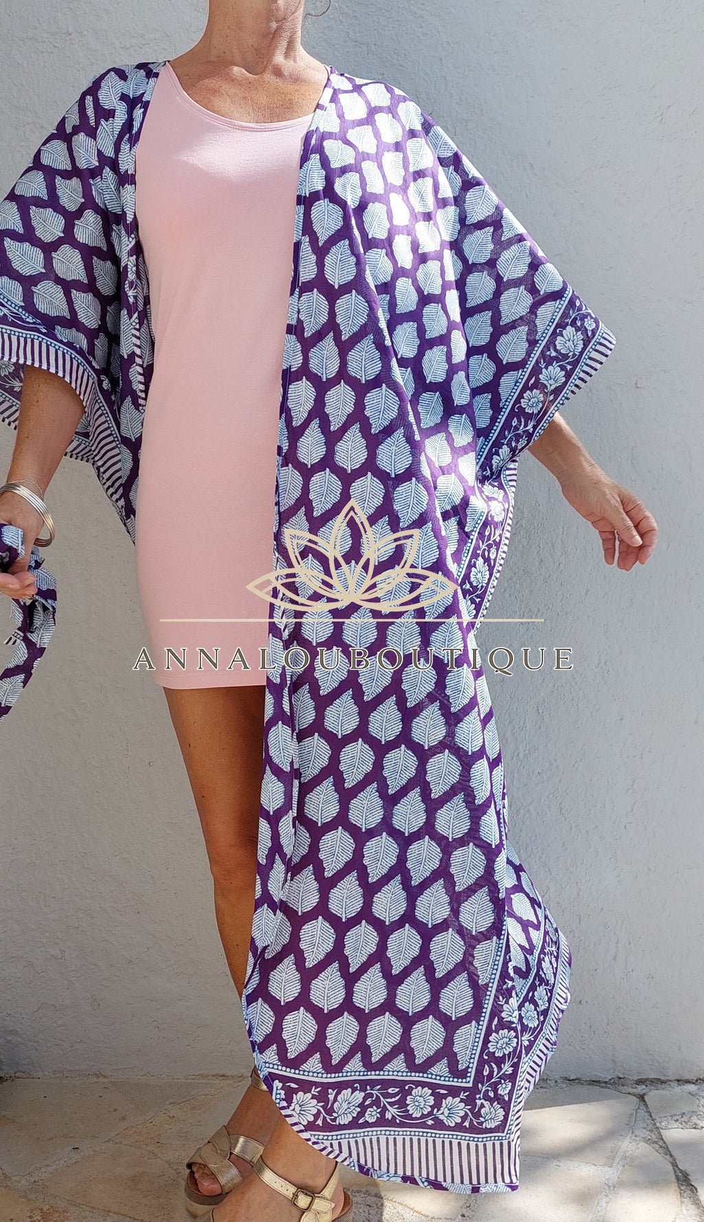 Boho Chic Cotton Bathrobe – Bright Purple Beach Kimono with Belt, Unique Piece Annalou Design