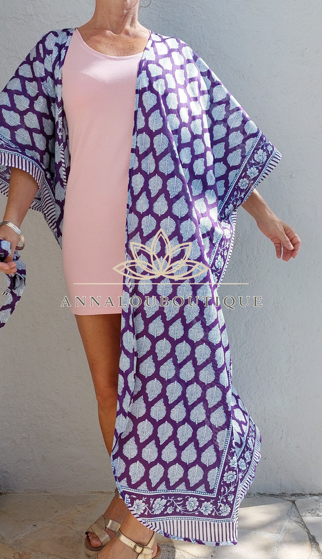 Boho Chic Cotton Bathrobe – Bright Purple Beach Kimono with Belt, Unique Piece Annalou Design