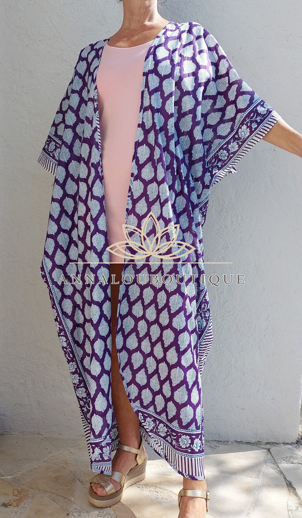 Boho Chic Cotton Bathrobe – Bright Purple Beach Kimono with Belt, Unique Piece Annalou Design