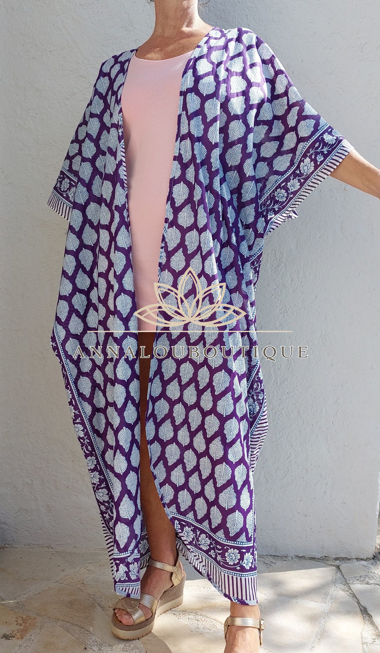 Boho Chic Cotton Bathrobe – Bright Purple Beach Kimono with Belt, Unique Piece Annalou Design