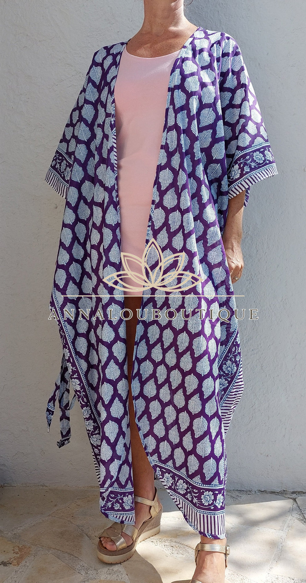Boho Chic Cotton Bathrobe – Bright Purple Beach Kimono with Belt, Unique Piece Annalou Design