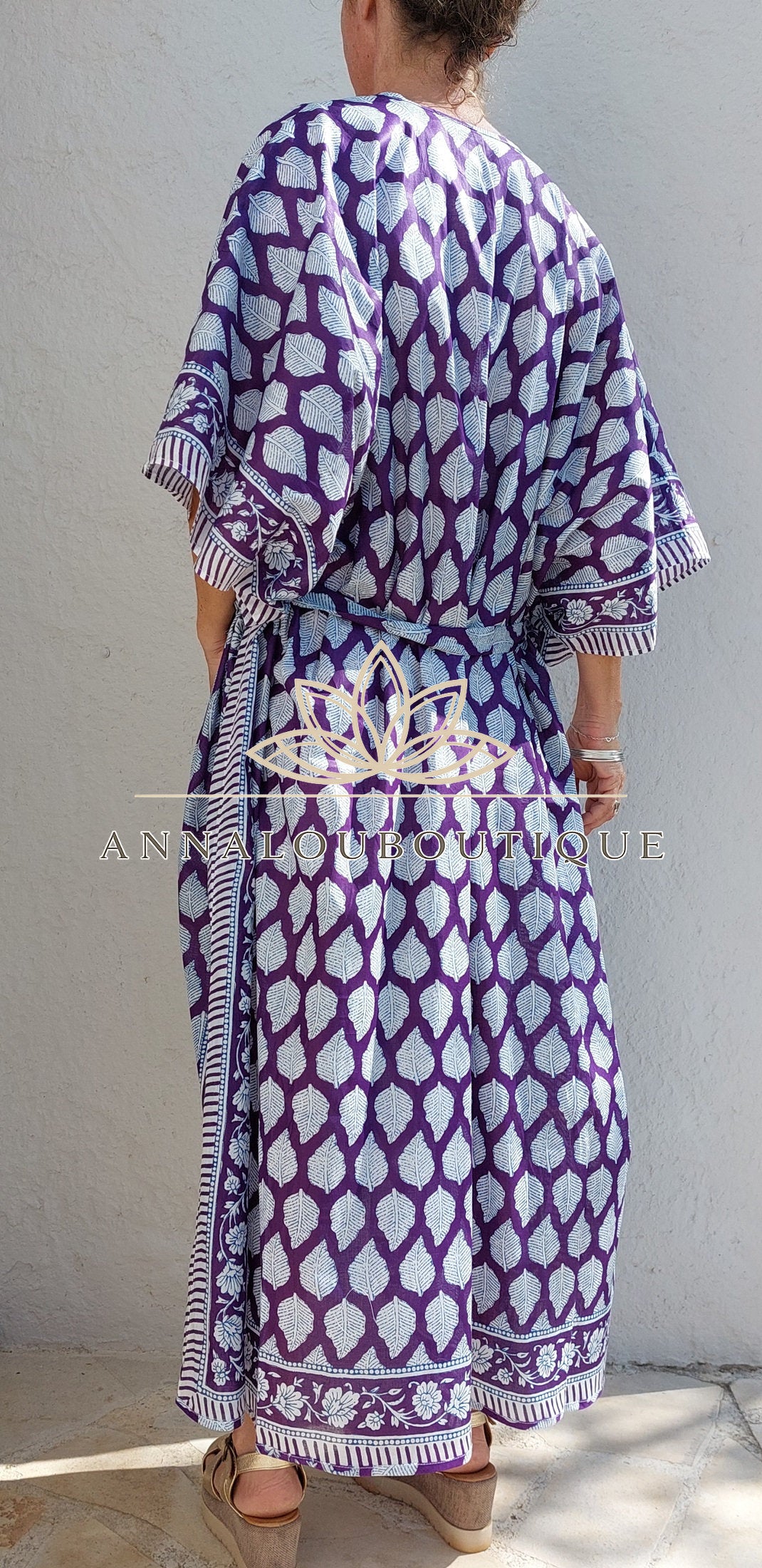 Boho Chic Cotton Bathrobe – Bright Purple Beach Kimono with Belt, Unique Piece Annalou Design
