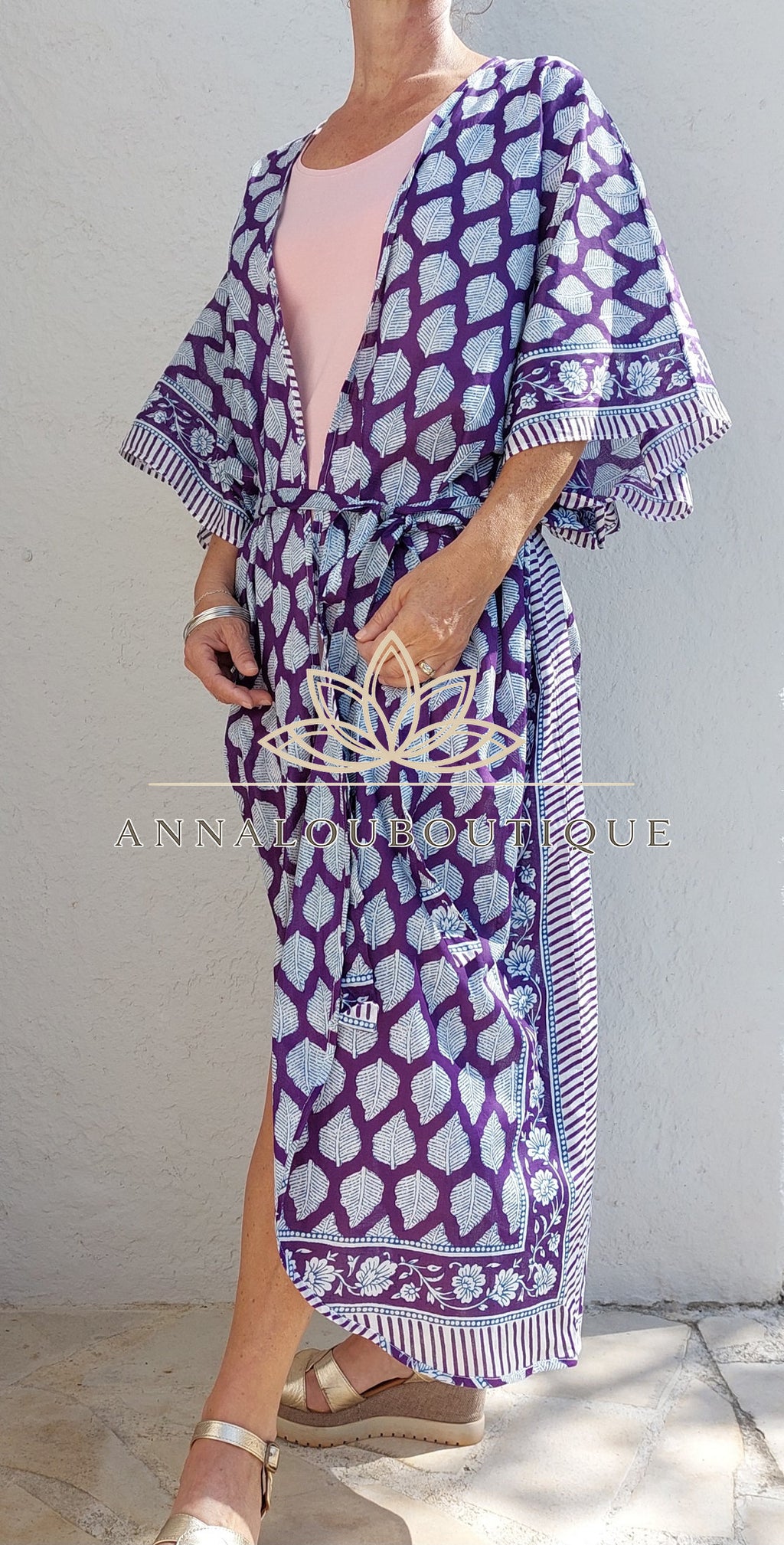 Boho Chic Cotton Bathrobe – Bright Purple Beach Kimono with Belt, Unique Piece Annalou Design
