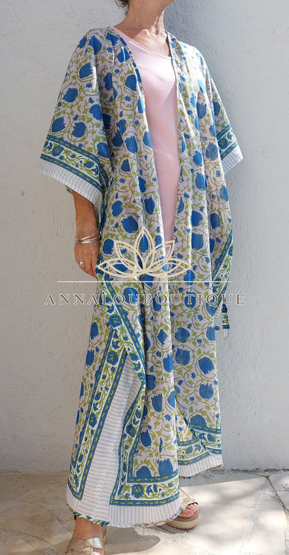 Kimono de plage fleuri en coton avec ceinture fine