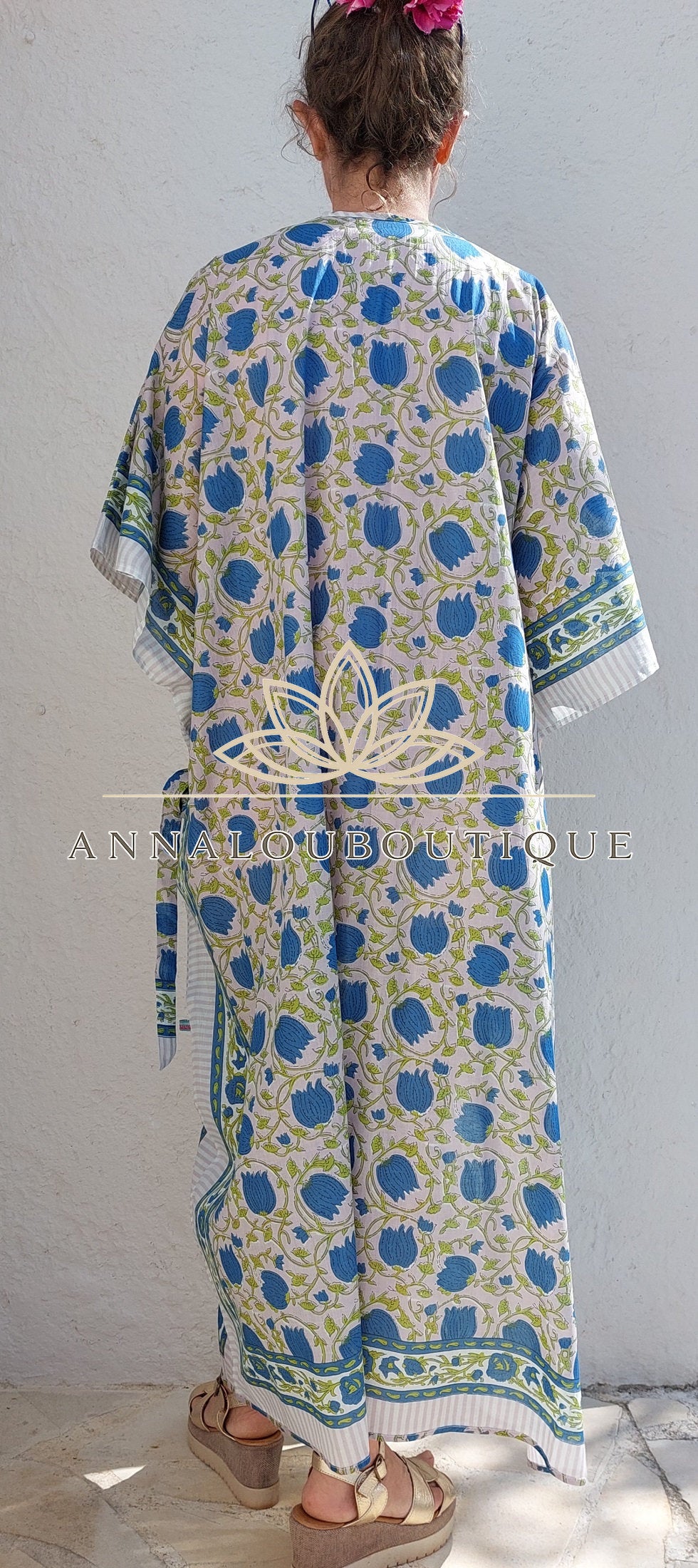 Kimono de plage fleuri en coton avec ceinture fine