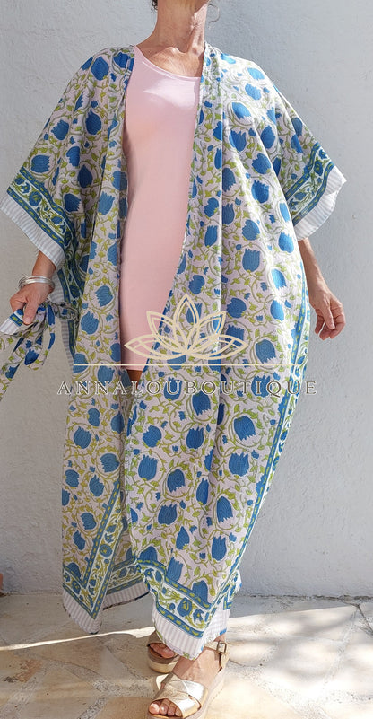 Kimono de plage fleuri en coton avec ceinture fine