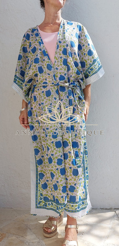 Kimono de plage fleuri en coton avec ceinture fine