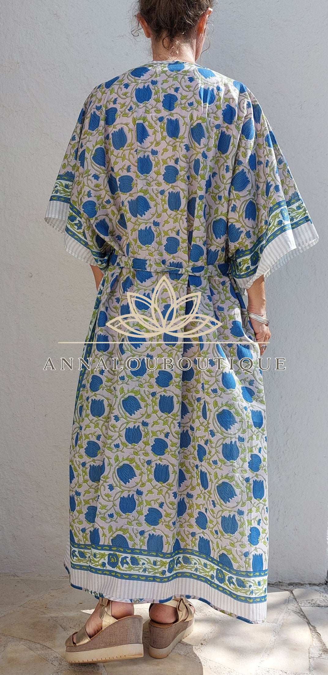 Kimono de plage fleuri en coton avec ceinture fine