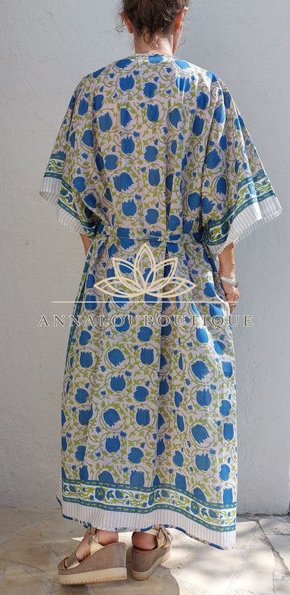 Kimono de plage fleuri en coton avec ceinture fine