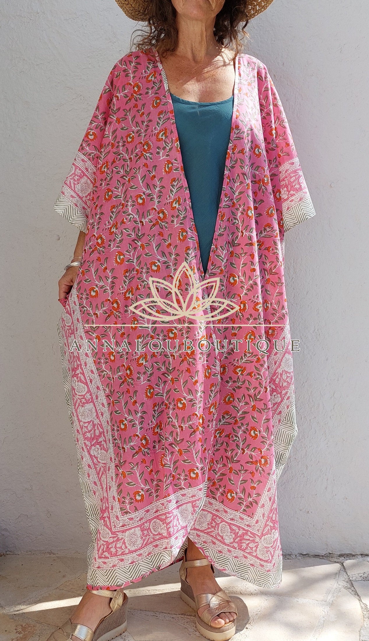 Hippie Chic Cotton Kaftan – Floral Kimono Bathrobe with Long Belt, Unique Piece Annalou Design