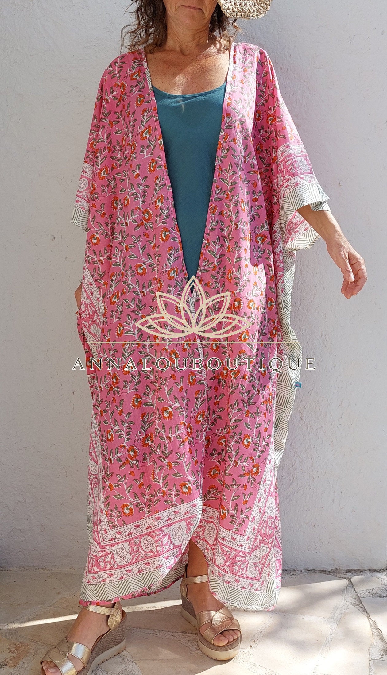 Hippie Chic Cotton Kaftan – Floral Kimono Bathrobe with Long Belt, Unique Piece Annalou Design