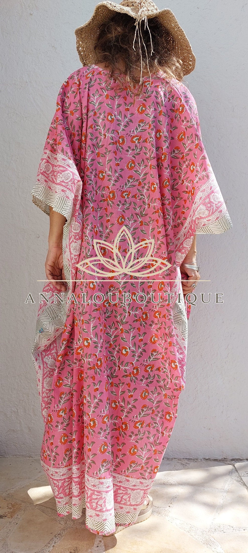 Hippie Chic Cotton Kaftan – Floral Kimono Bathrobe with Long Belt, Unique Piece Annalou Design