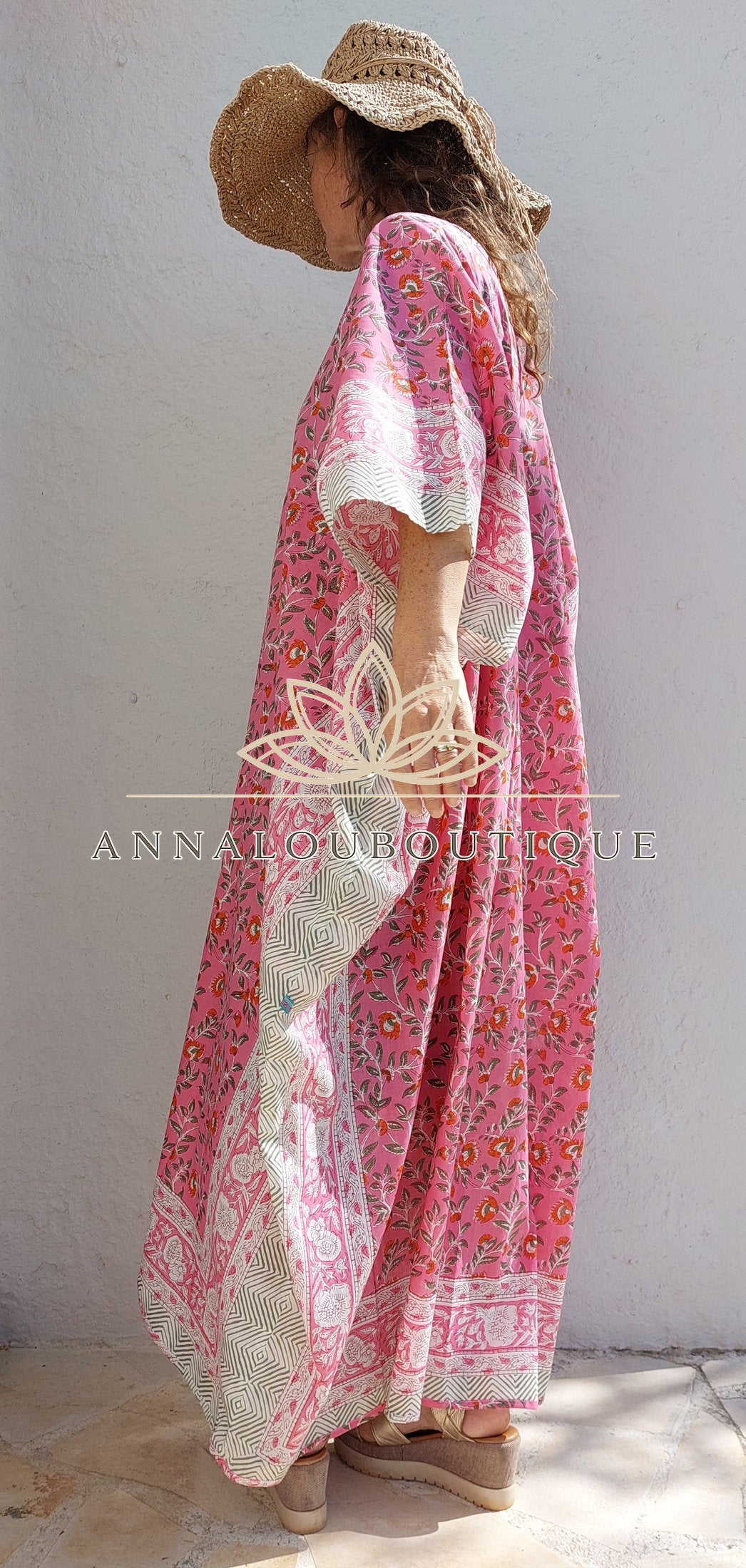 Hippie Chic Cotton Kaftan – Floral Kimono Bathrobe with Long Belt, Unique Piece Annalou Design