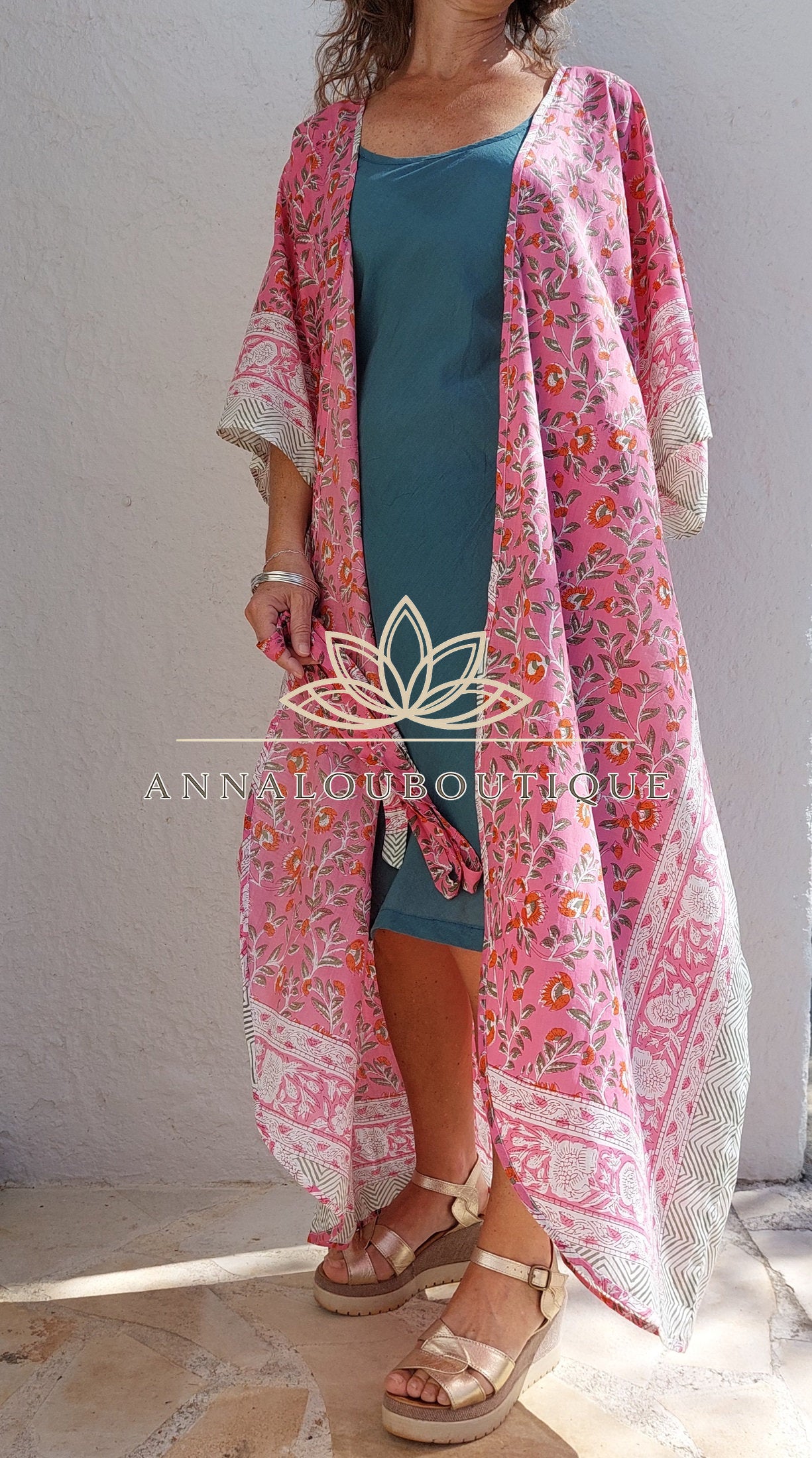 Hippie Chic Cotton Kaftan – Floral Kimono Bathrobe with Long Belt, Unique Piece Annalou Design