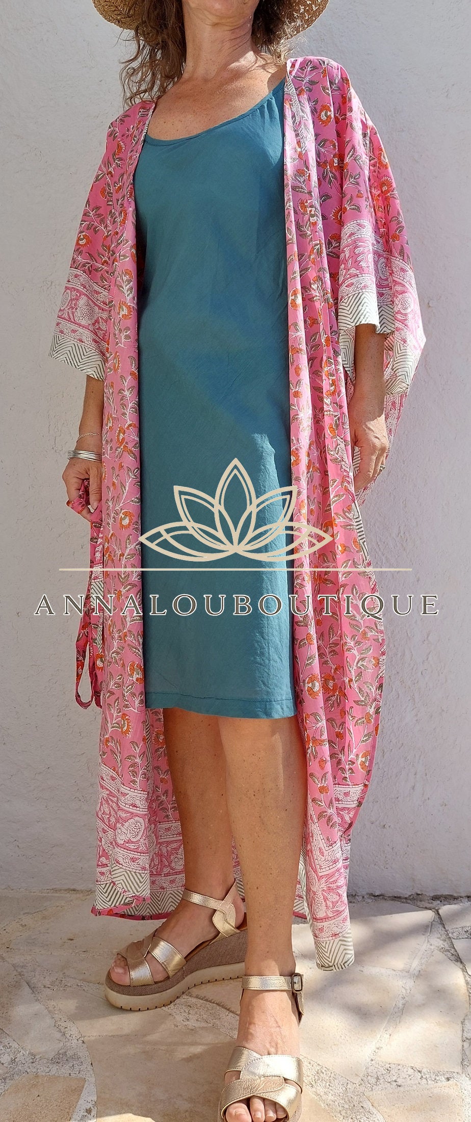 Hippie Chic Cotton Kaftan – Floral Kimono Bathrobe with Long Belt, Unique Piece Annalou Design