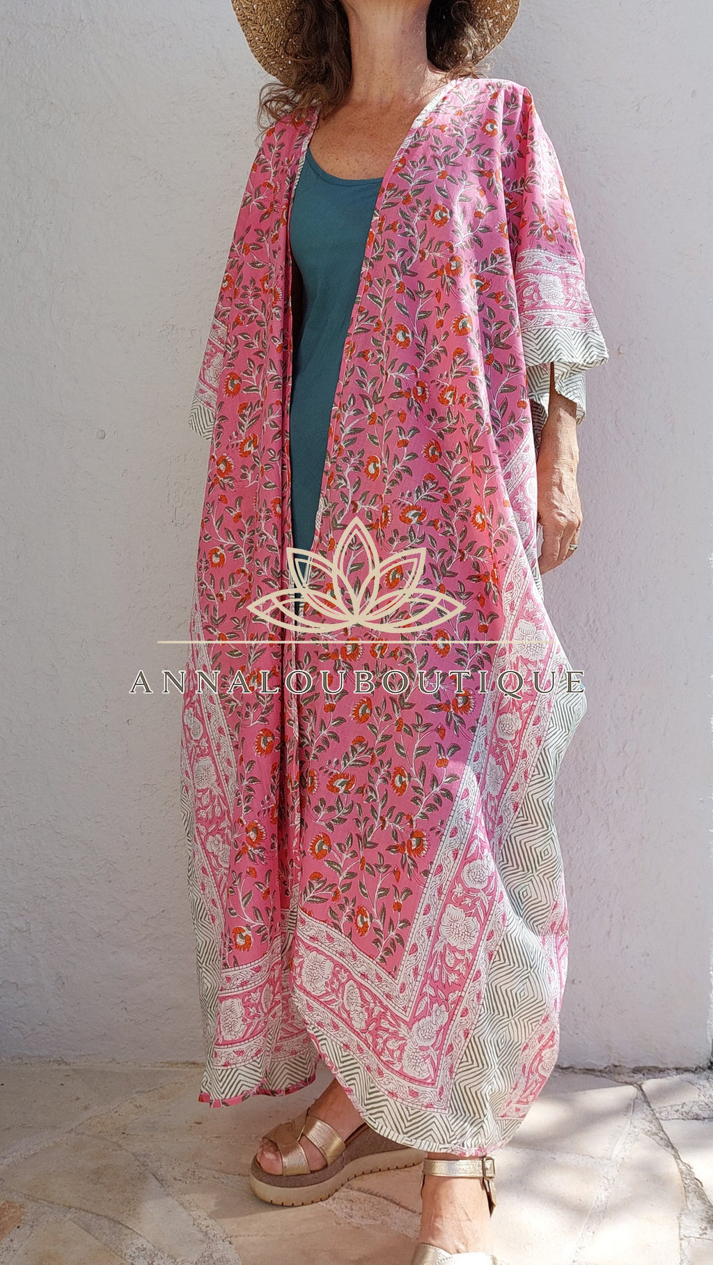 Hippie Chic Cotton Kaftan – Floral Kimono Bathrobe with Long Belt, Unique Piece Annalou Design
