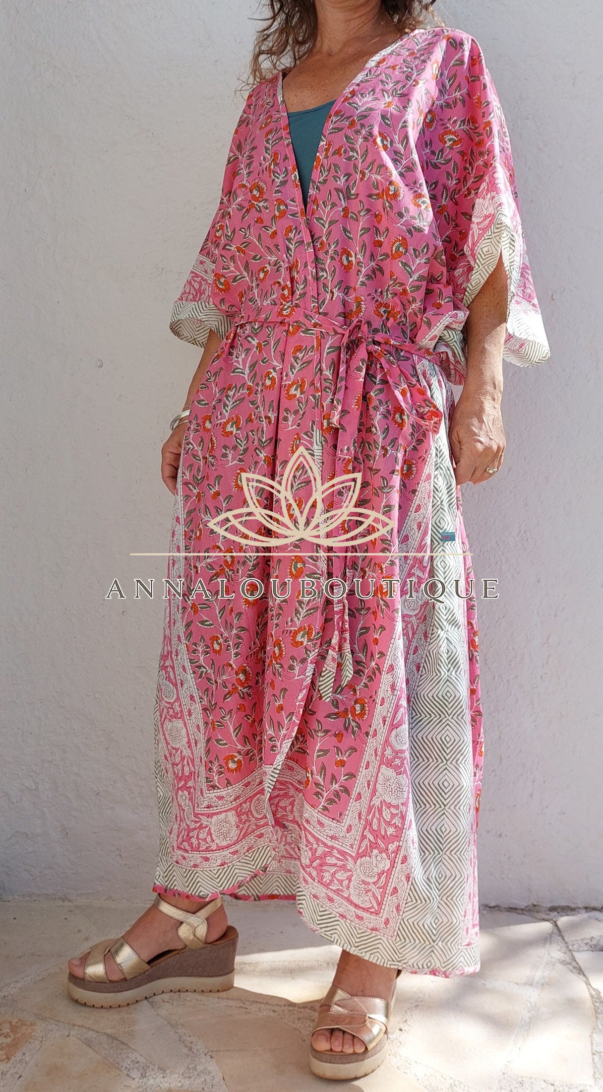Hippie Chic Cotton Kaftan – Floral Kimono Bathrobe with Long Belt, Unique Piece Annalou Design