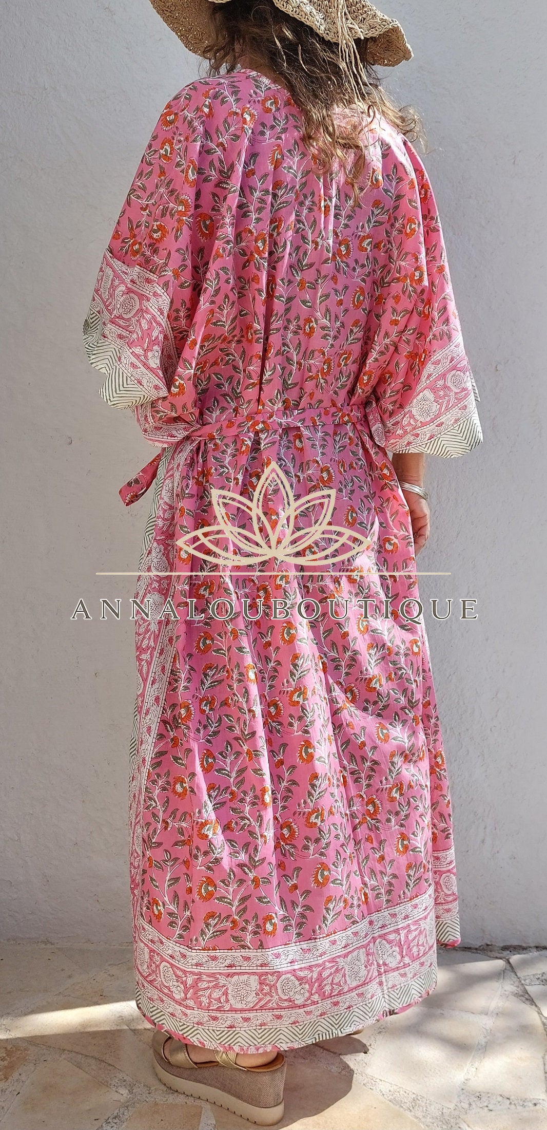 Hippie Chic Cotton Kaftan – Floral Kimono Bathrobe with Long Belt, Unique Piece Annalou Design