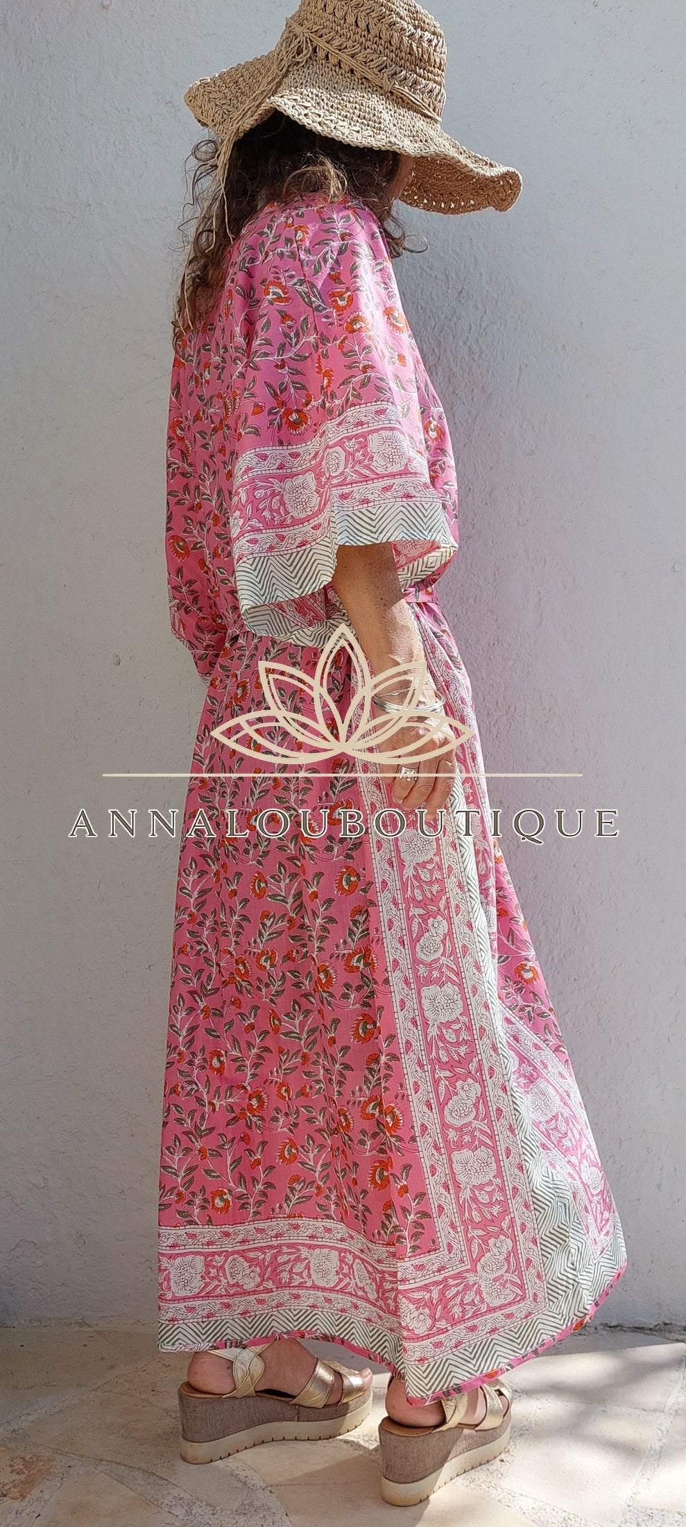 Hippie Chic Cotton Kaftan – Floral Kimono Bathrobe with Long Belt, Unique Piece Annalou Design