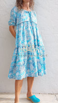Hand Block Cotton Dress – Sky Blue Floral Ruffled Dress Annalou Design