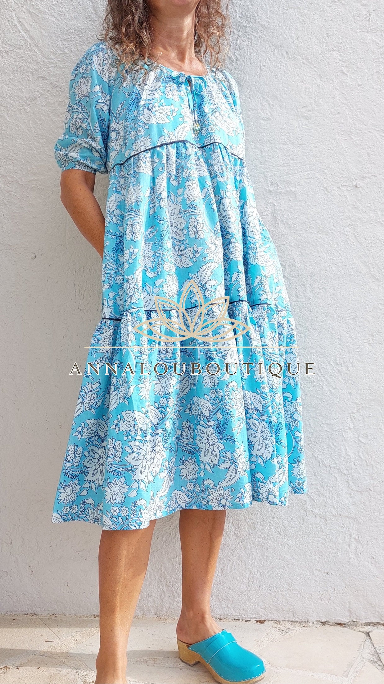 Hand Block Cotton Dress – Sky Blue Floral Ruffled Dress Annalou Design