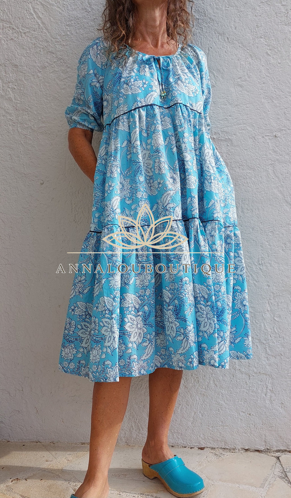 Hand Block Cotton Dress – Sky Blue Floral Ruffled Dress Annalou Design