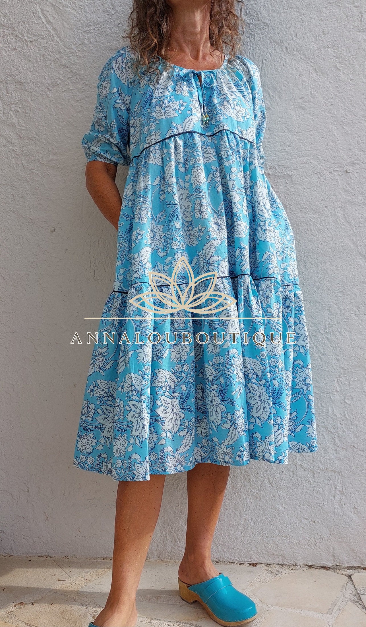 Hand Block Cotton Dress – Sky Blue Floral Ruffled Dress Annalou Design