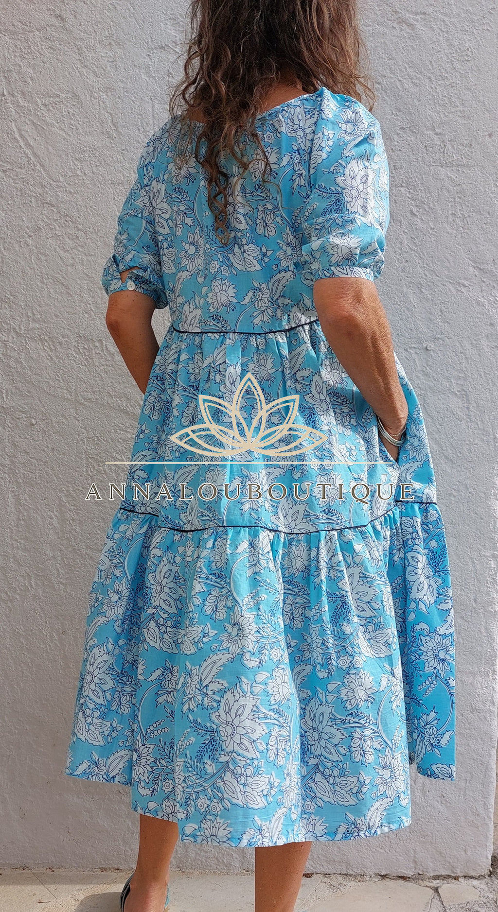 Hand Block Cotton Dress – Sky Blue Floral Ruffled Dress Annalou Design