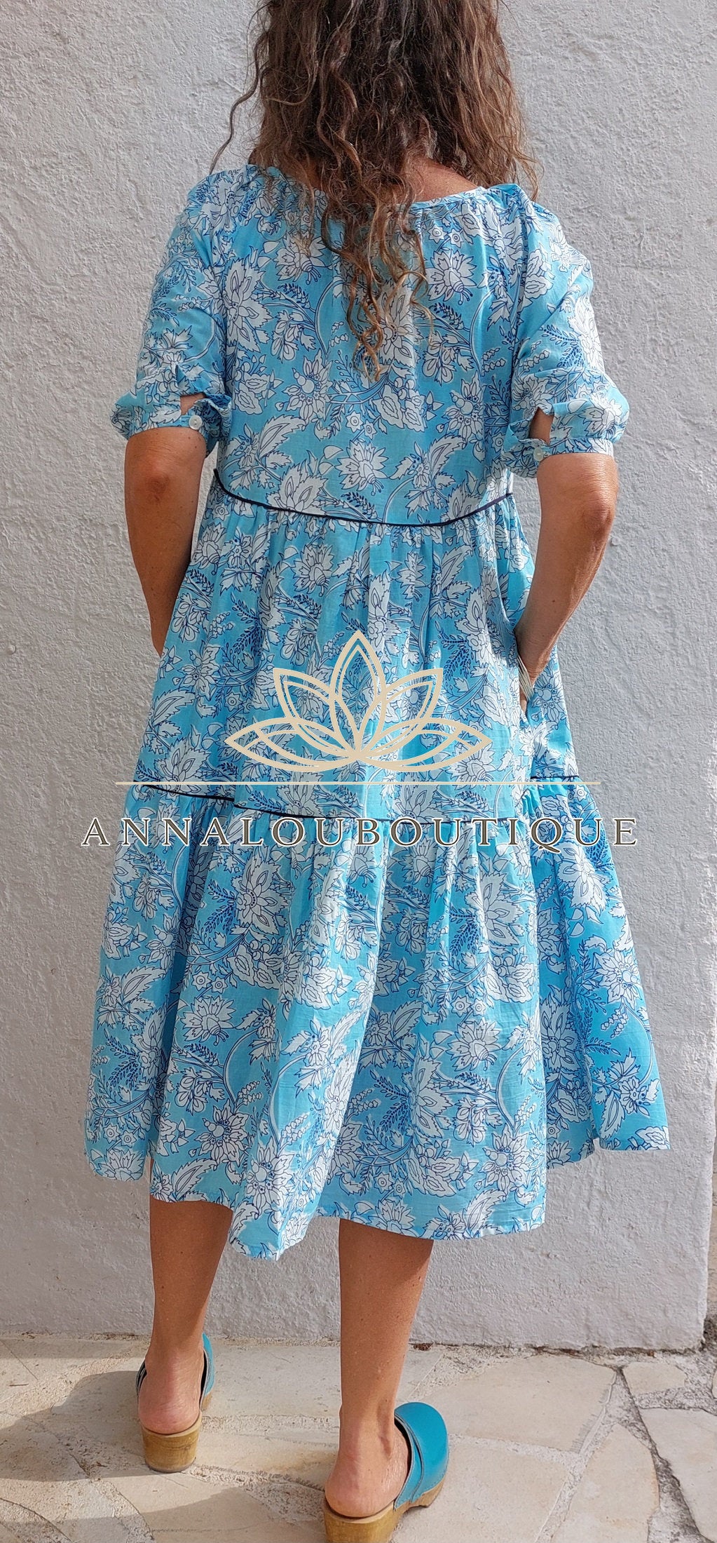 Hand Block Cotton Dress – Sky Blue Floral Ruffled Dress Annalou Design