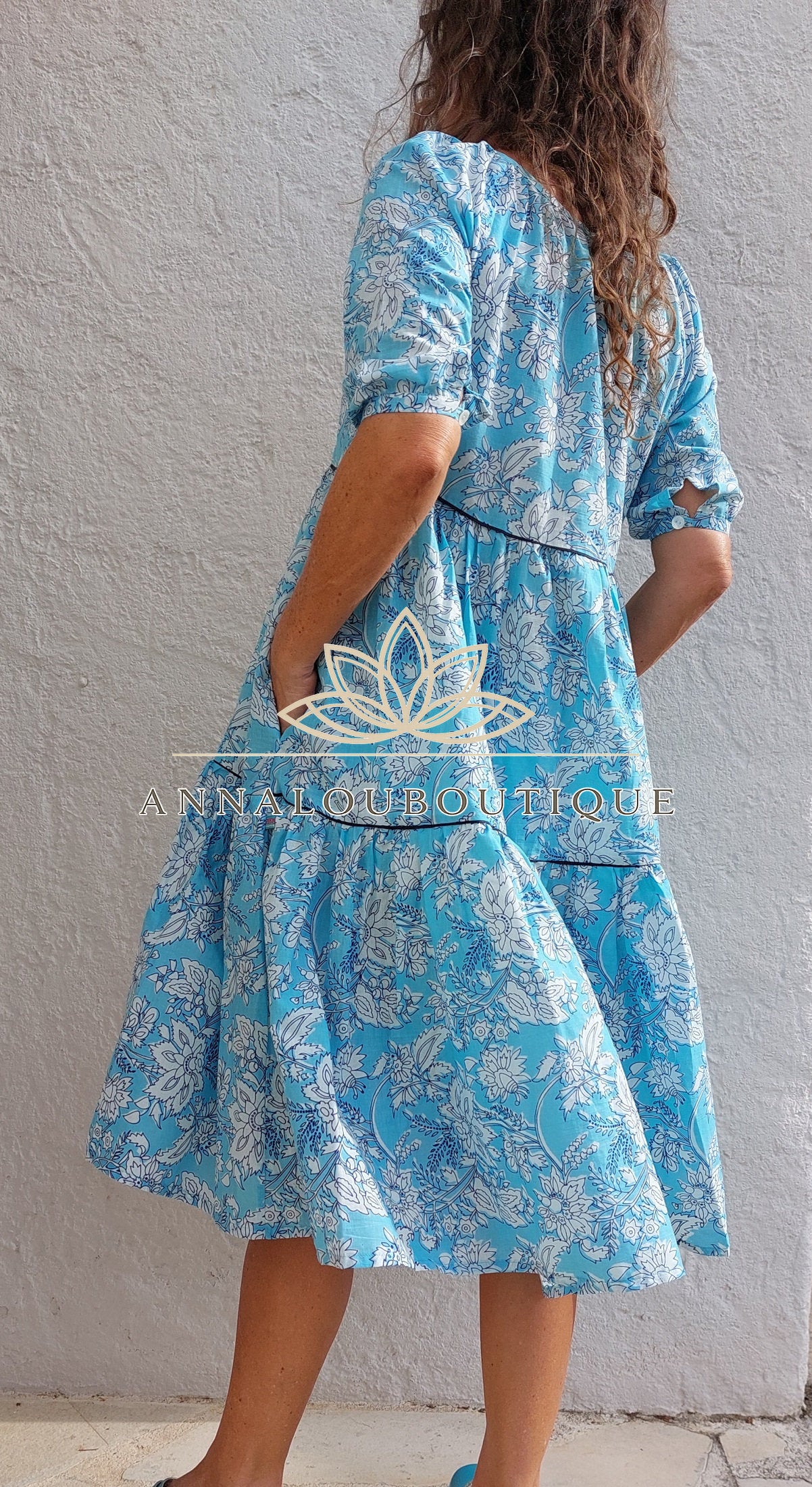 Hand Block Cotton Dress – Sky Blue Floral Ruffled Dress Annalou Design