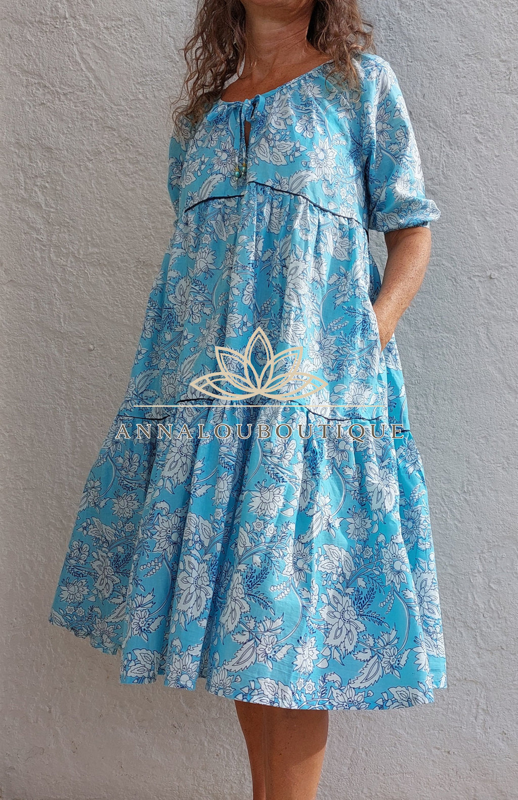 Hand Block Cotton Dress – Sky Blue Floral Ruffled Dress Annalou Design