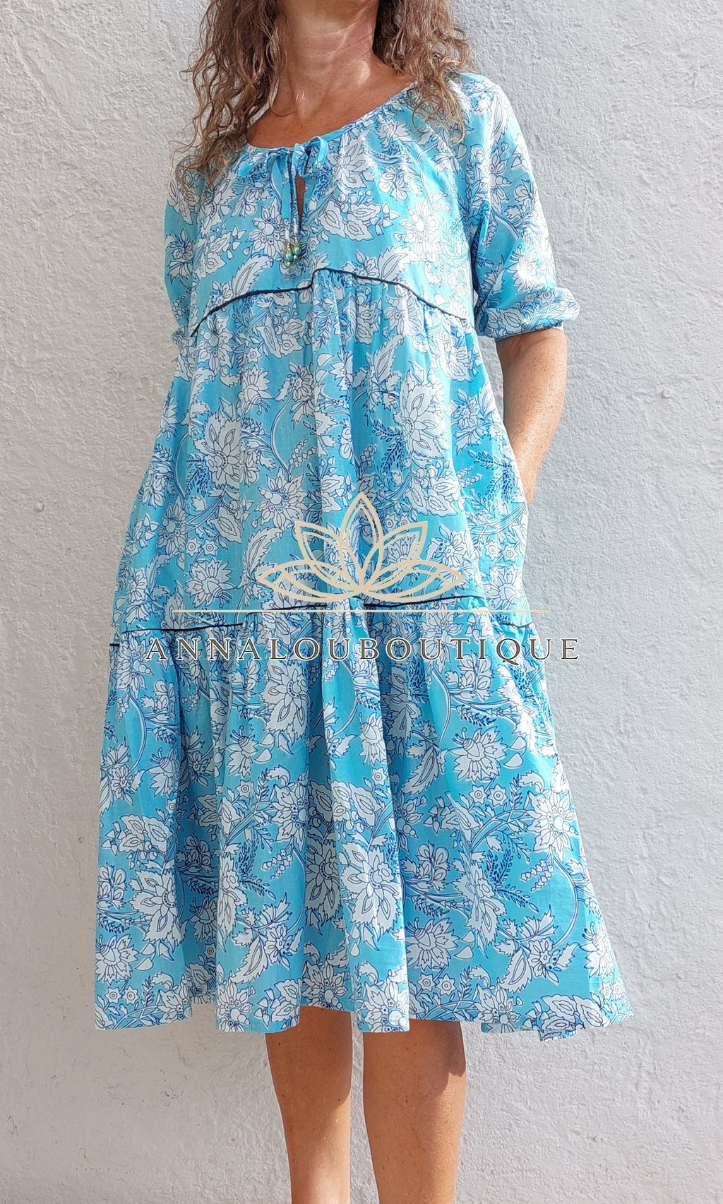 Hand Block Cotton Dress – Sky Blue Floral Ruffled Dress Annalou Design