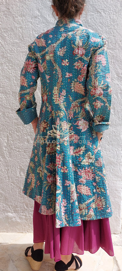 Teal frock coat with pink hydrangeas