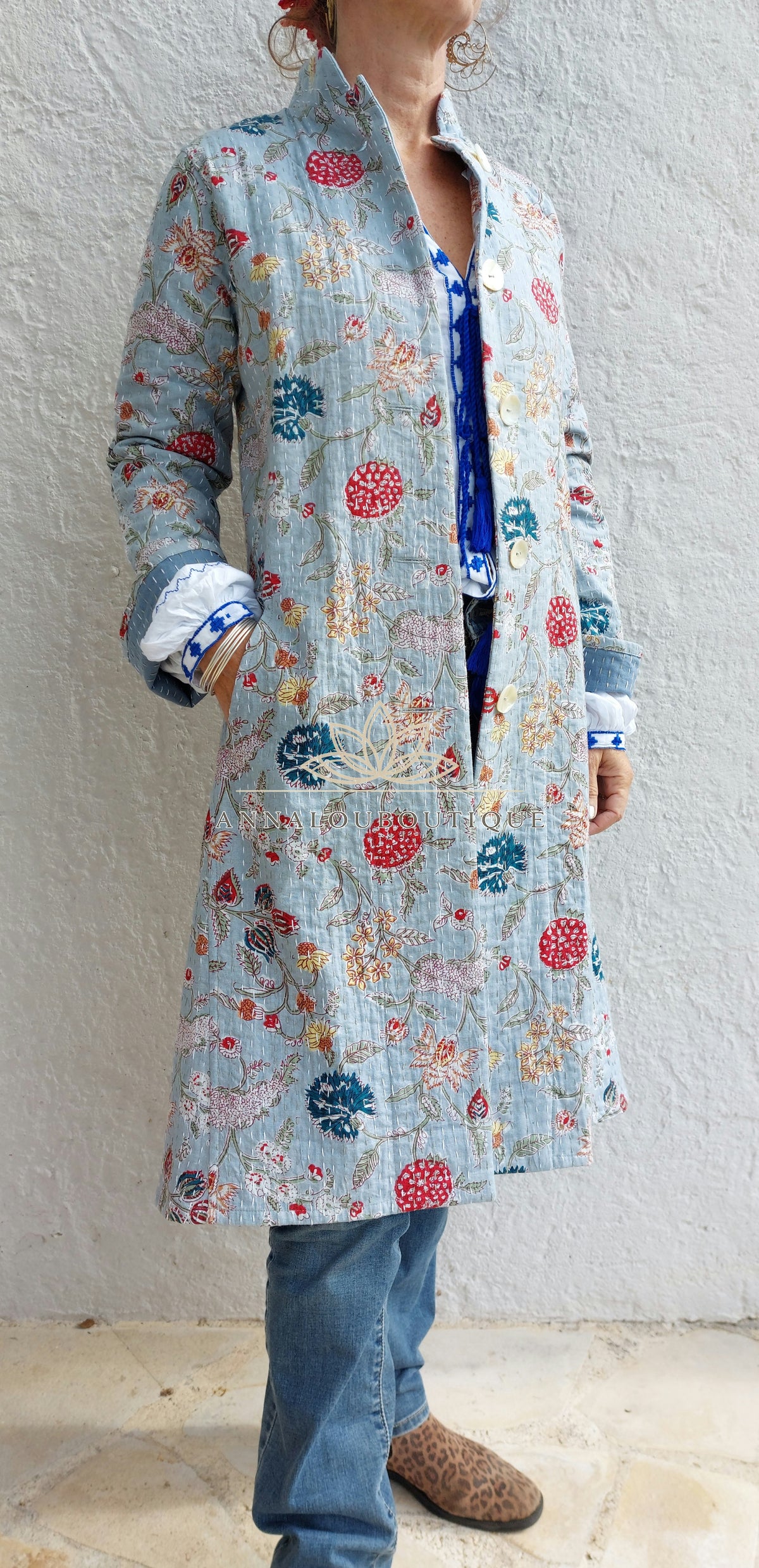 Manteau redingote en coton fleuri bleu gris
