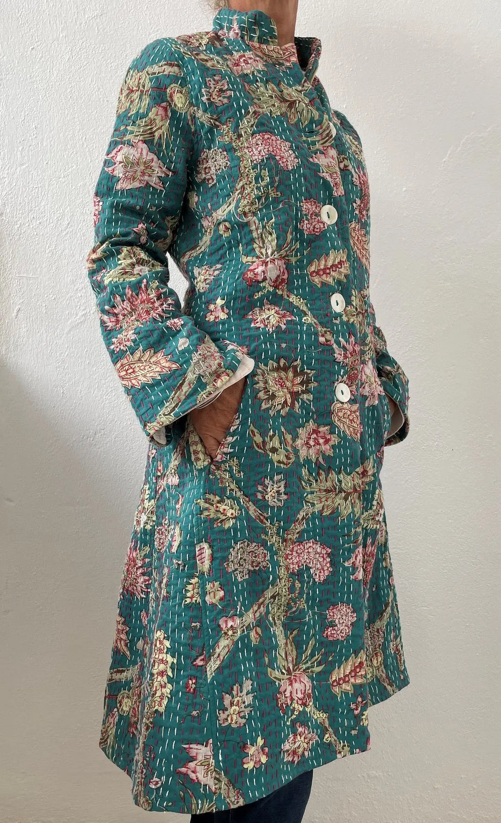 Boheme Chic Floral Coat – Teal Cotton Long Jacket with Pink Hydrangea Print Annalou Design