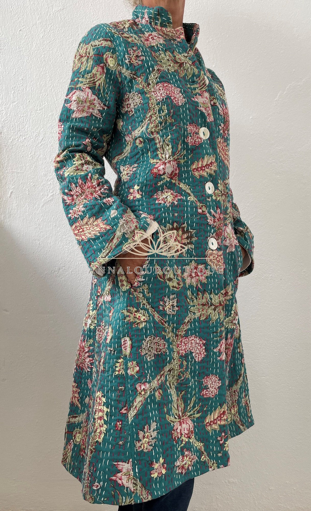 Boheme Chic Floral Coat – Teal Cotton Long Jacket with Pink Hydrangea Print Annalou Design