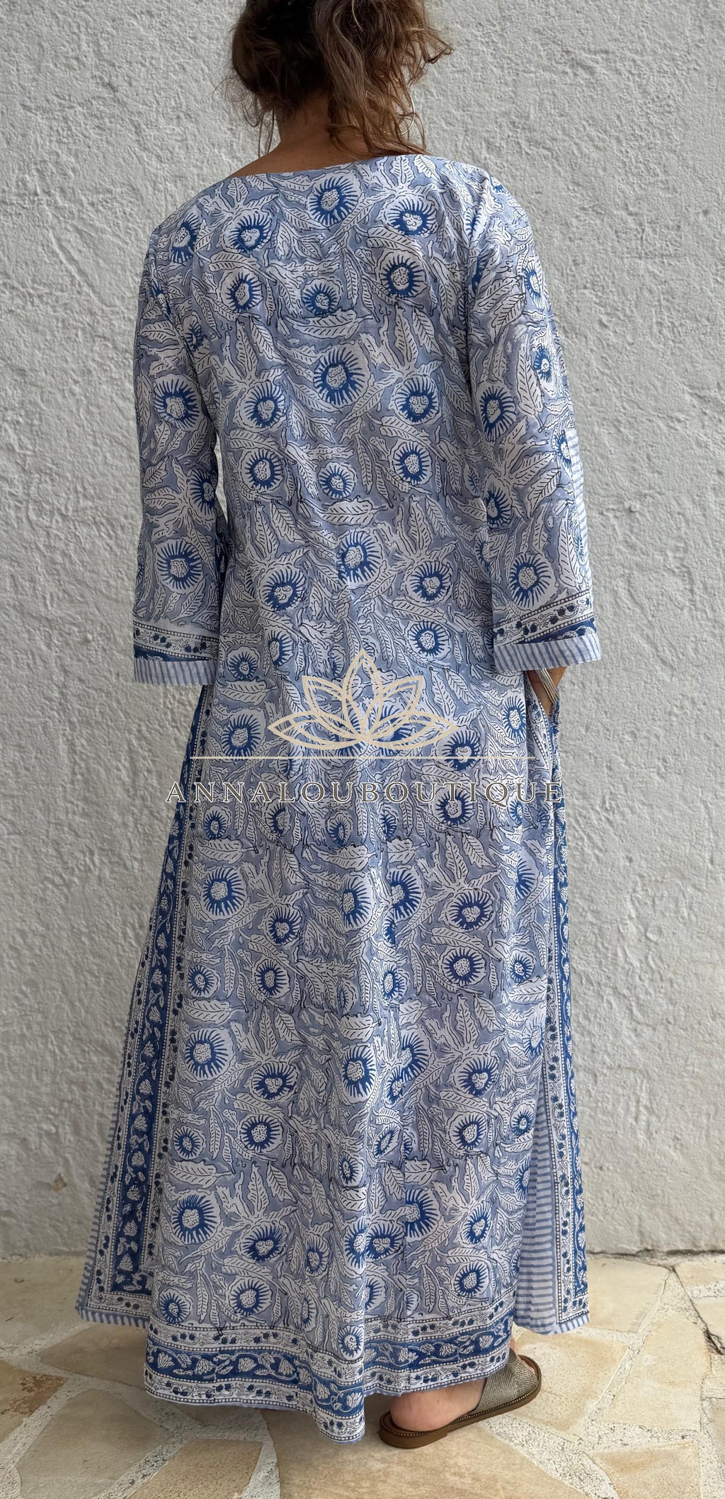 Long Soft Cotton Kaftan – Blue Floral Boho Summer Dress, Flowy Beach Resort Wear Annalou Design