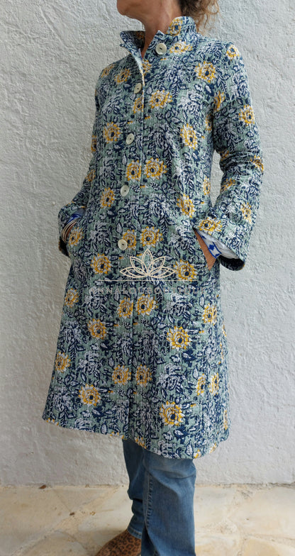 Embroidered navy and green frock coat