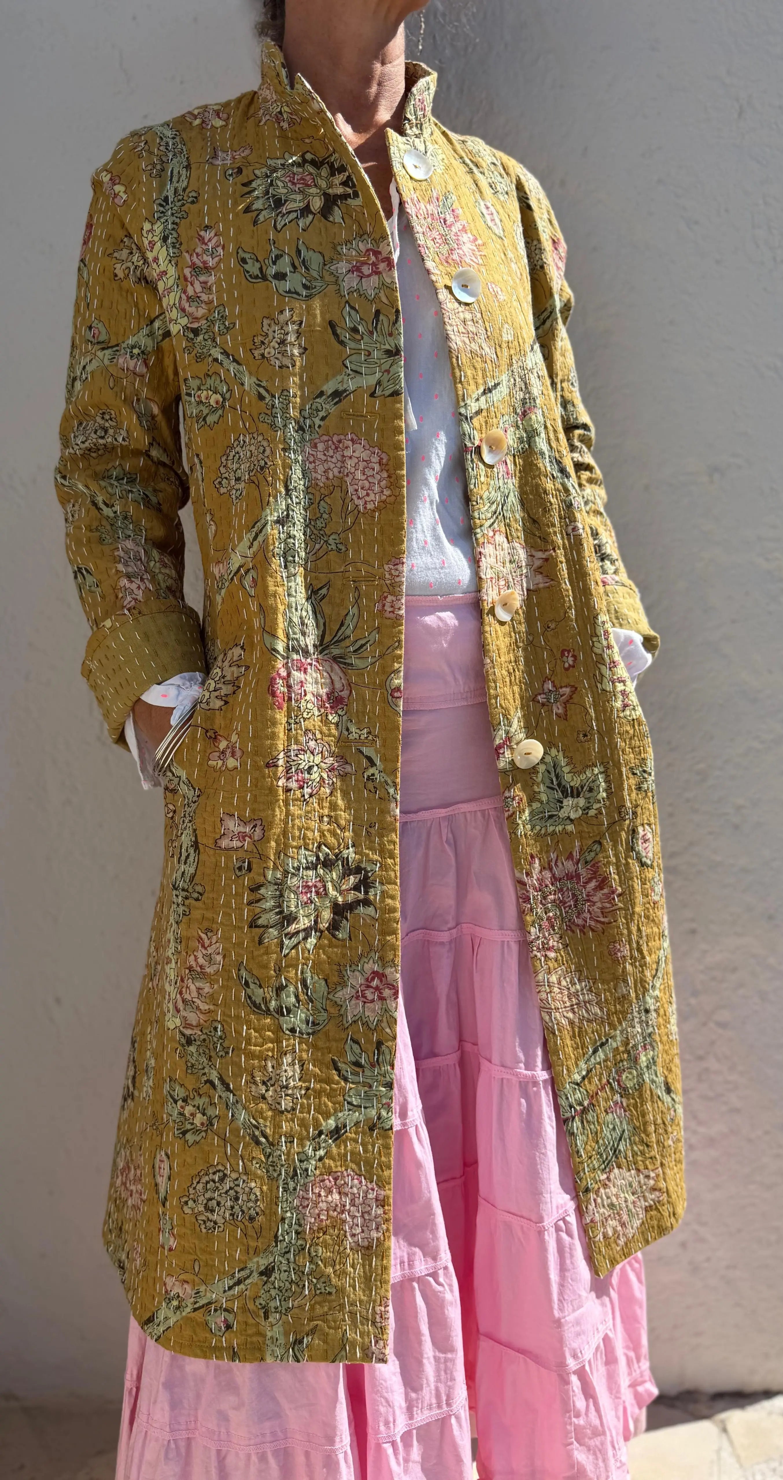 Boheme Chic Cotton Frock Coat – Pink Hydrangea Print & Shell Buttons Annalou Design