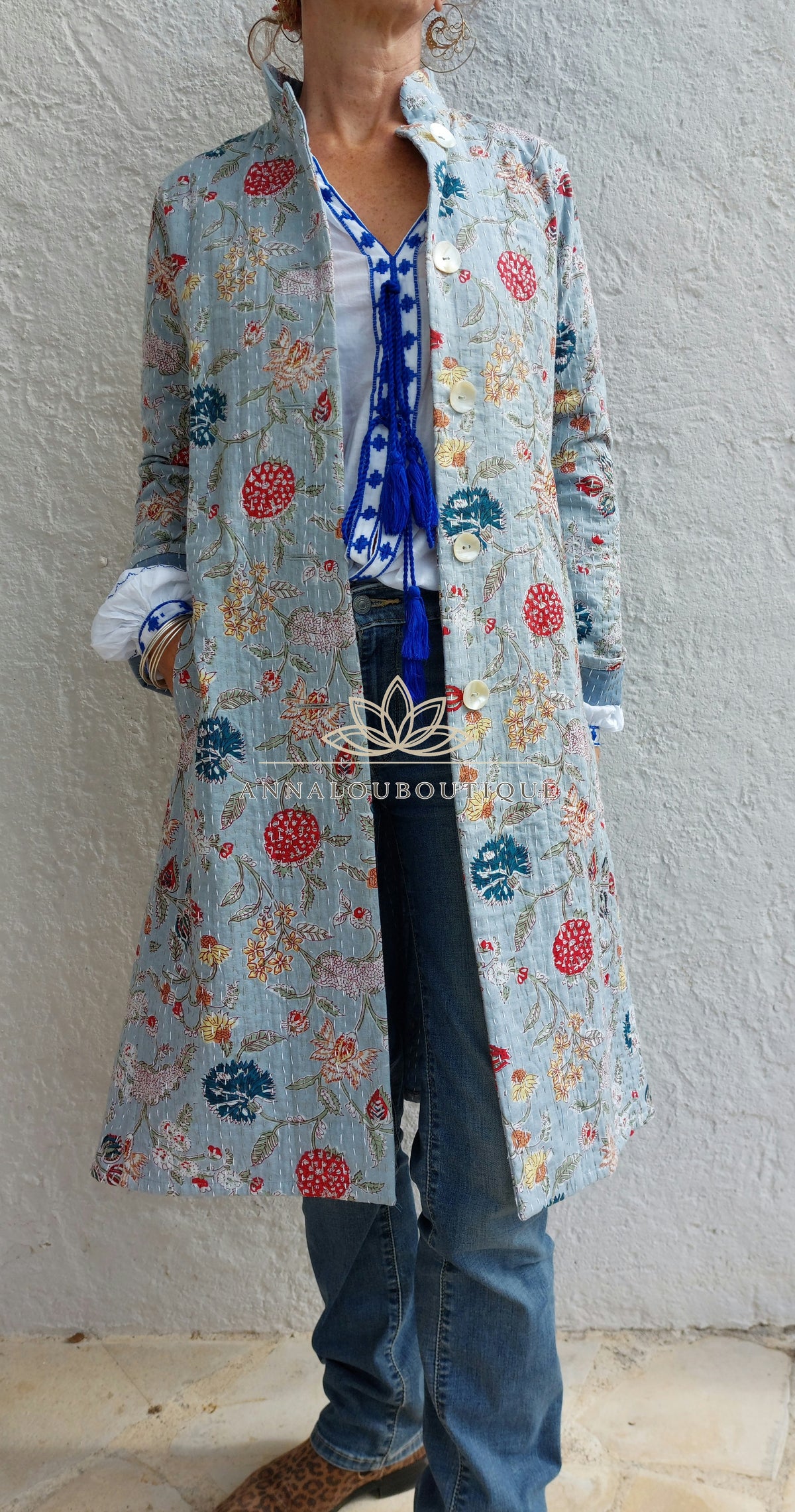 Manteau redingote en coton fleuri bleu gris