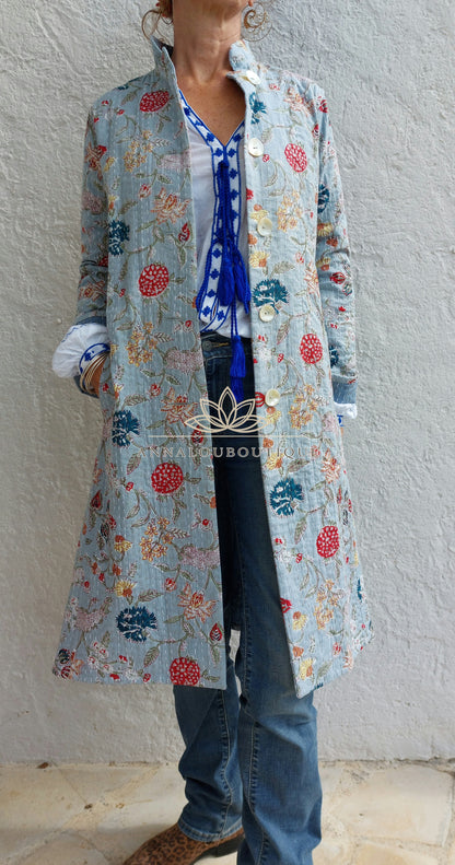 Manteau redingote en coton fleuri bleu gris
