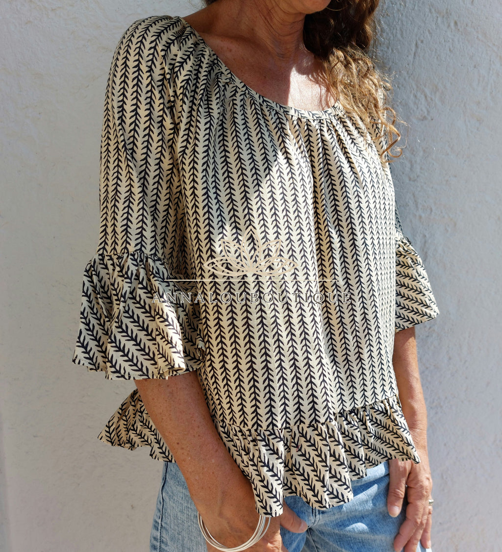 Hippie Chic Cotton Top – Black & Beige Ruffled Blouse, Limited Series Annalou Design
