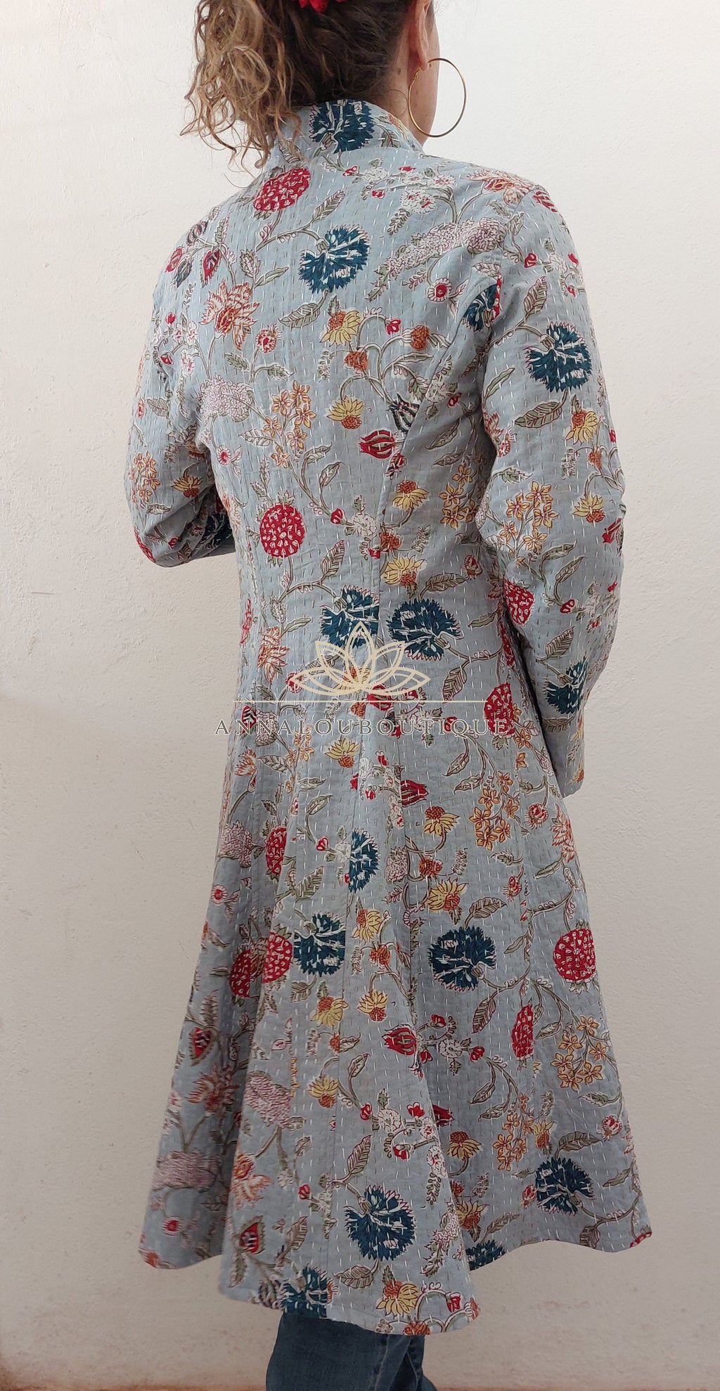 Cotton Frock Coat – Blue Grey Floral Mid-Season Jacket Annalou Design