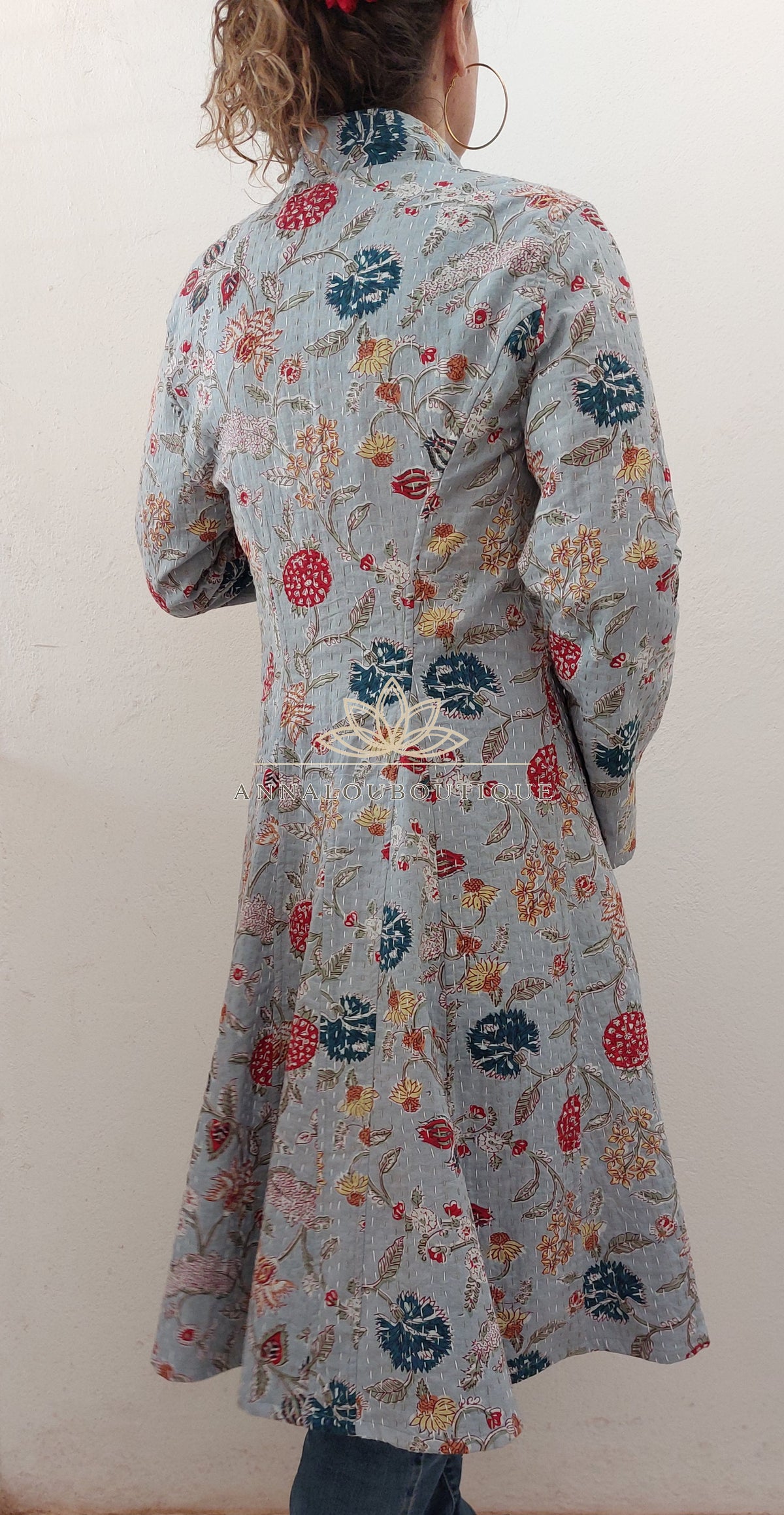 Manteau redingote en coton fleuri bleu gris