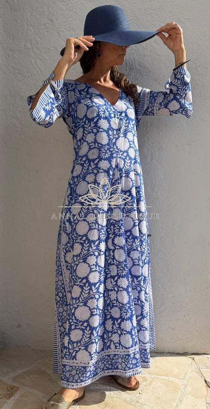 Long navy floral cotton kaftan