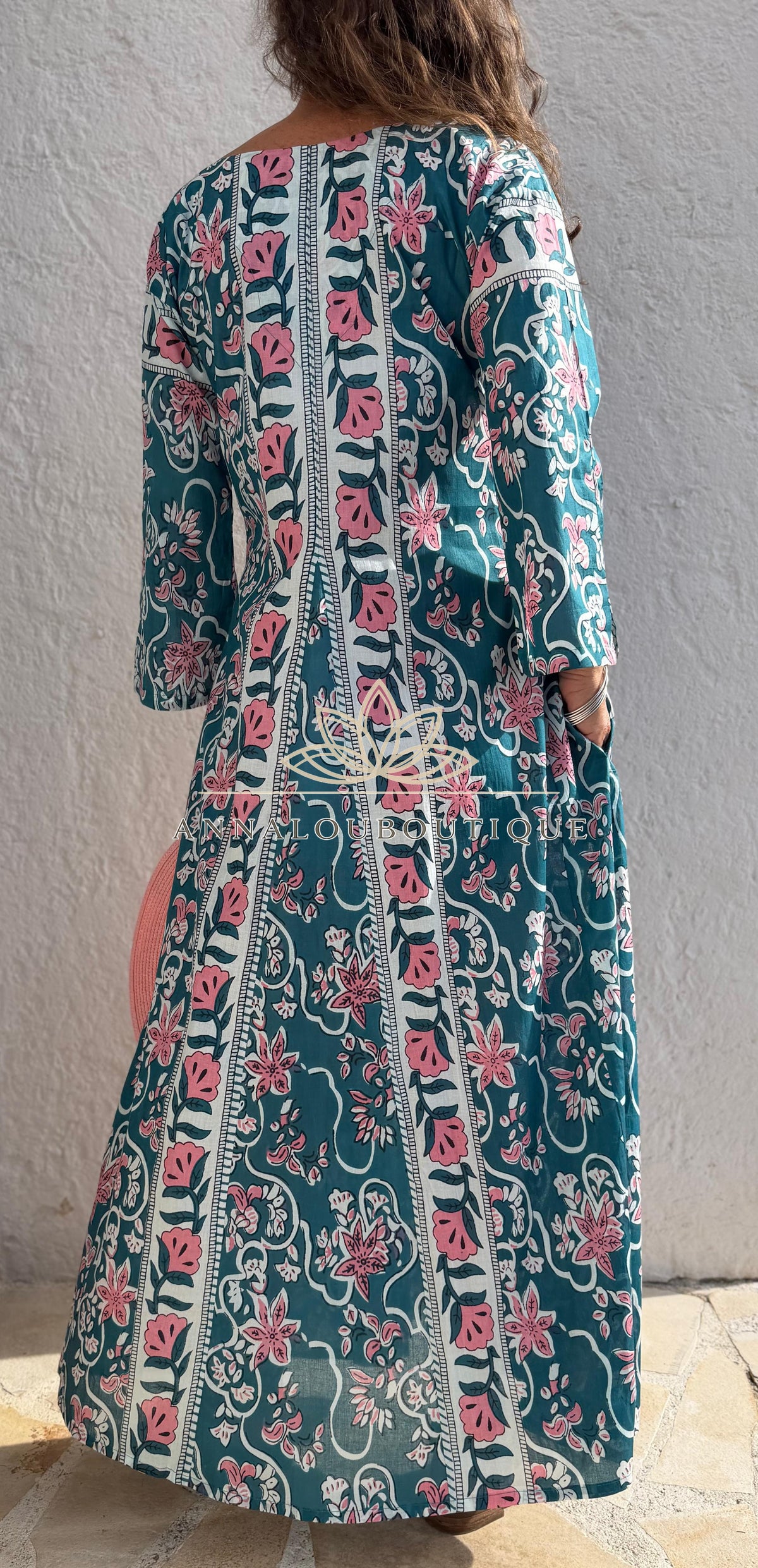 Long flared cotton kaftan in teal and pink